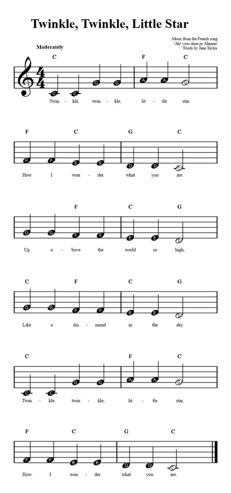 Twinkle, Twinkle, Little Star: Beginner Sheet Music with Chords and Lyrics