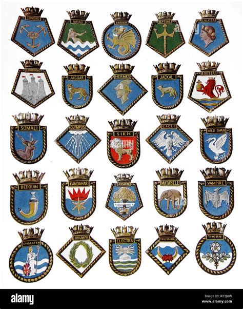 A badge for each of the 25 types of ships of the Royal Navy lost on war service in the year 1942 ...