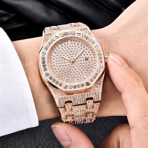 Luxury Bling Diamond Watch For Men ICED OUT Rose Gold Stainless Steel ...