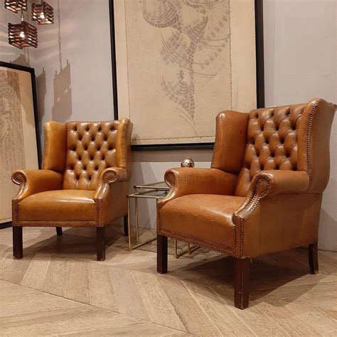 Pair of luxury cognac-colored leather vintage armchairs - Piet Jonker