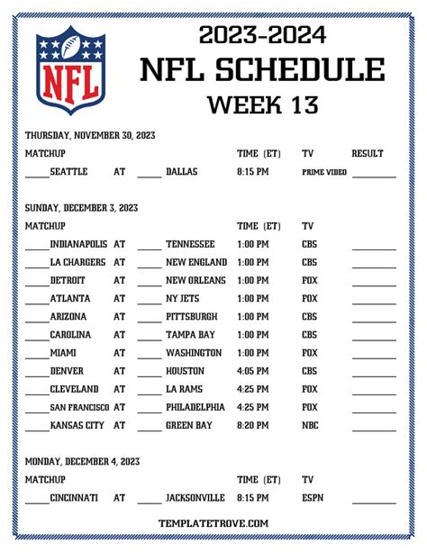 Nfl Schedule 2024 Week 13 Printable - Joyan Malvina