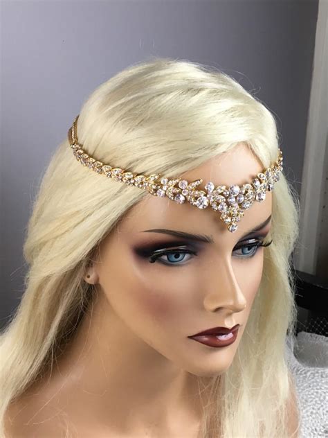 Bridal Gold Leaf Rhinestone Headband, Art Deco Tiara, Forehead/Backside Bohemian/ Halo Headpiece ...