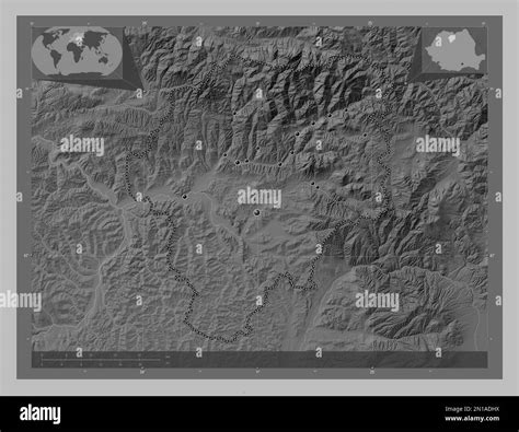 Bistrita-Nasaud, county of Romania. Grayscale elevation map with lakes and rivers. Locations of ...