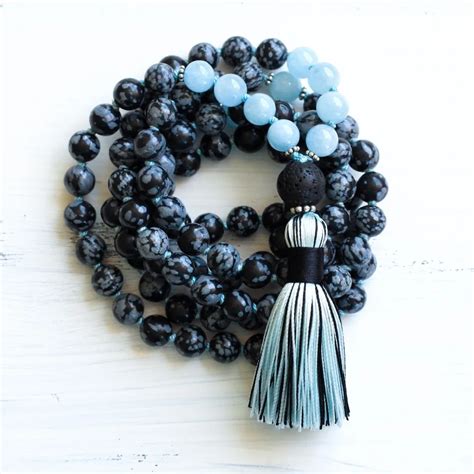 108 Mala Beads Necklace Snowflake Bule Stone Mala Necklaces Japa Mala Prayer Bead Tassel ...