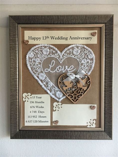 13th Wedding Anniversary Frame Rustic Gift Lace 3D Handmade Wooden Love ...