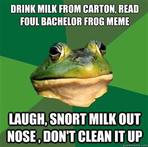 drink milk from carton, read foul bachelor frog meme laugh, snort milk ...