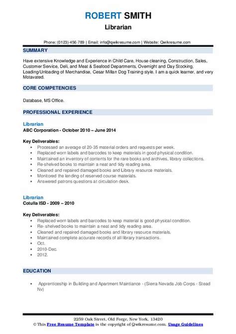 Librarian Resume Samples | QwikResume