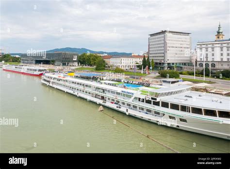 Linz, Austria (7th August 2022) - Cruise ships on the river Danube in the austrian city of Linz ...