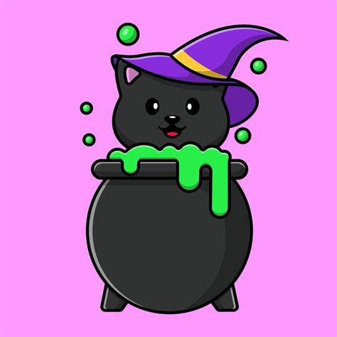 Cute Witch Cat On Halloween Cauldron Cartoon Vector Icons Illustration. Flat Cartoon Concept ...