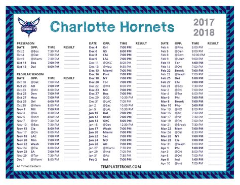 Printable 2017-2018 Charlotte Hornets Schedule