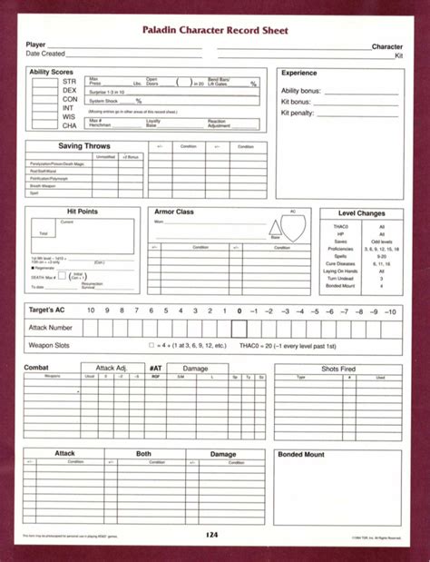 2nd Ed AD&D Paladin Character Sheet - Jade Gaming News