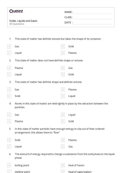 50+ solids liquids and gases worksheets for 12th Grade on Quizizz | Free & Printable