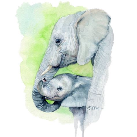 WATERCOLOR elephant Mom and baby elephant Nursery wall art | Etsy