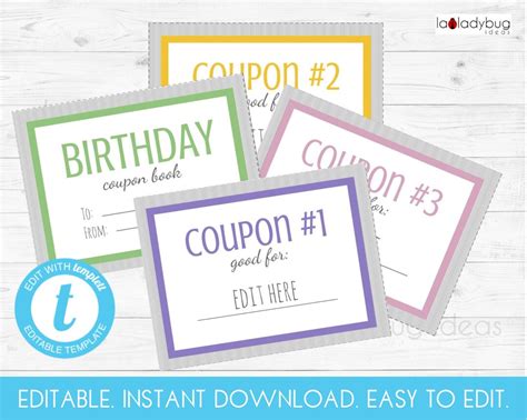 Editable Birthday Coupon Book. Printable Coupon Book. Editable and ...