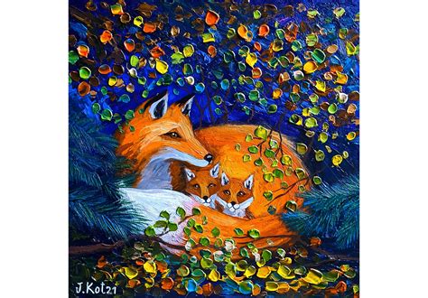 Made to order A mother fox with baby foxes fairytale night painting on a panel with palette ...