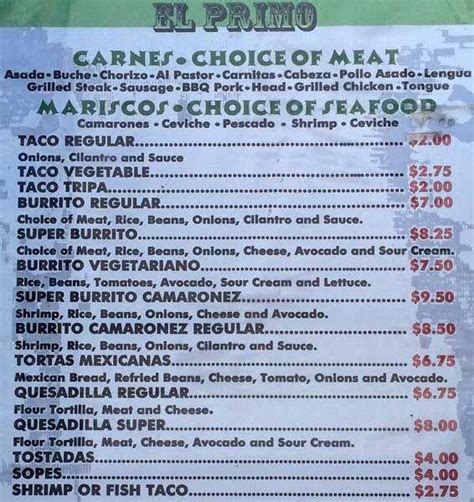 Tacos El Primo Menu, Menu for Tacos El Primo, Bayview, San Francisco ...