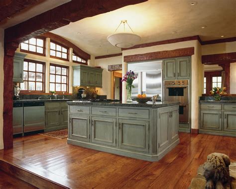 Wondrous Distressed Grey Kitchen Cabinetry Set And Island As Well As Ceiling Lamps Fixtures ...