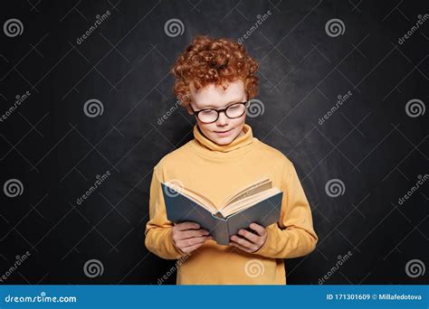 Portrait of Little Boy in Glasses Reading a Book Against Blackboard Stock Image - Image of book ...