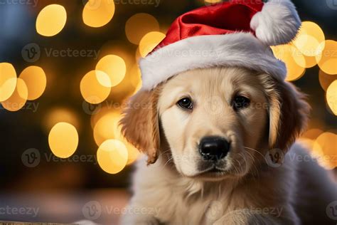 A golden retriever puppy with a Santa hat with a softly blurred Christmas tree in the background ...