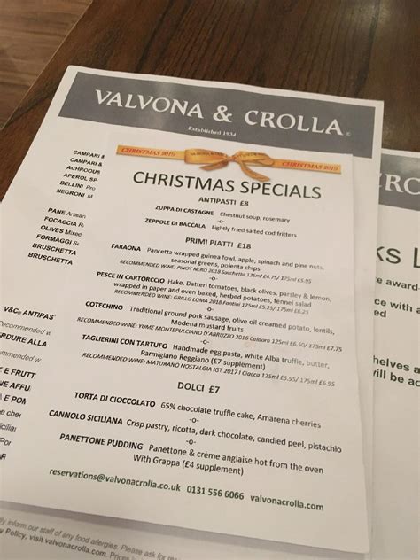 Menu at Valvona & Crolla Caffè Bar, Edinburgh, 19 Elm Row