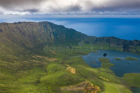 Aerial View of Volcanic Crater Caldeirao with a Beautiful Lake on the Top of Corvo Island ...