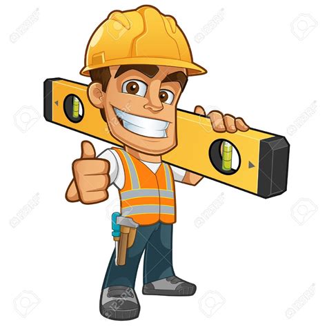 Friendly builder with helmet, carrying a level bubble and a belt with ...