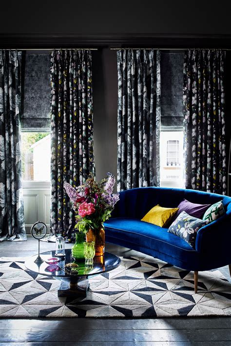 Dark Living Room With Black Floral Curtains | Blue sofas living room ...