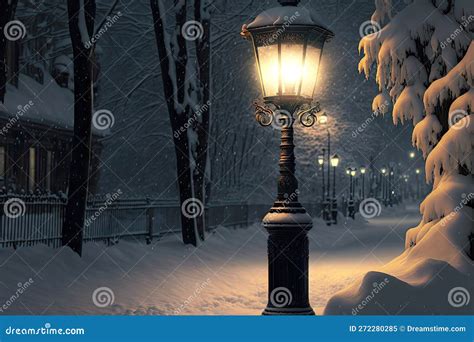 Lit Lamp Post on Winter Evening during Snow Stock Illustration - Illustration of exterior, lamp ...