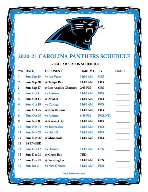 Printable 2020-2021 Carolina Panthers Schedule