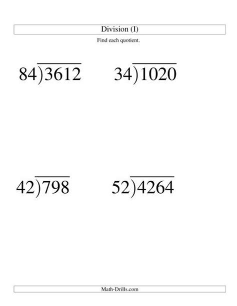 Math Worksheets Division 1 Digit Divisors