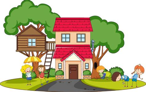 A simple house with kids in nature background 6591484 Vector Art at ...