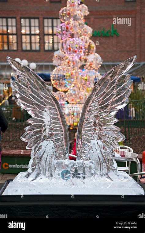 Ice sculpture of angel wings on the Ice Trail York North Yorkshire England UK United Kingdom GB ...