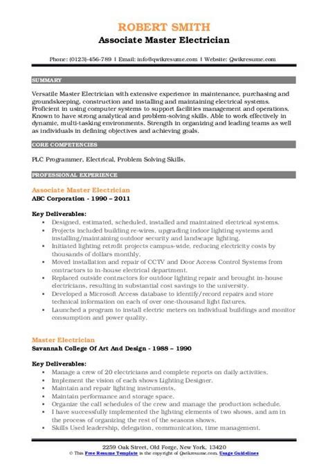 Master Electrician Resume Samples | QwikResume