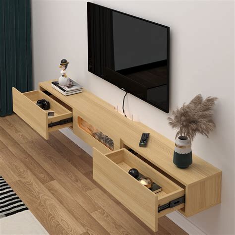 Modern Wood Floating TV Stand with LED Lights and Drawers for 85" TVs