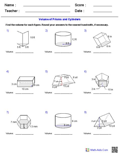 Volume Prisms And Cylinders Worksheets