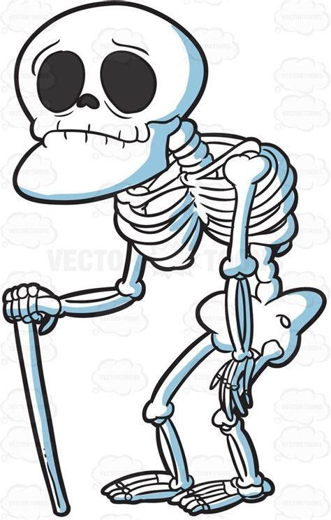 a cartoon skeleton holding a cane and pointing at it's head with one hand