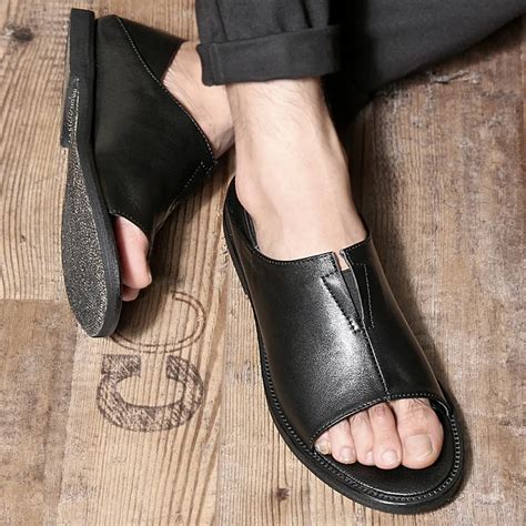 2016 Summer Men Shoes Sandals Leather Open Toe Slip On Mens Flats ...