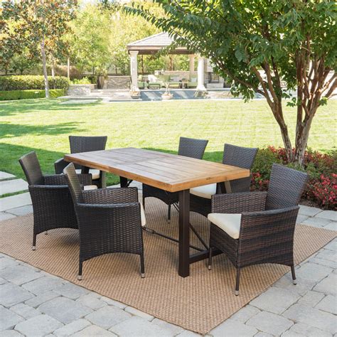 Phoenix Outdoor 7 Piece Dining Set with Wood Table and Wicker Dining Chairs with Cushions, Teak ...