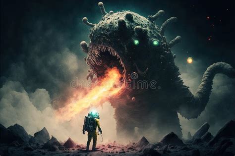 Astronauts Fighting Giant Monster from Lovecraft Nightmare. Generative AI Stock Illustration ...