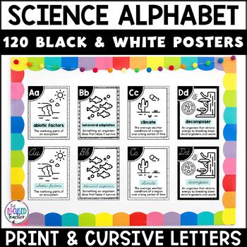 Print and Cursive Science Alphabet Posters | Black and White Classroom Decor