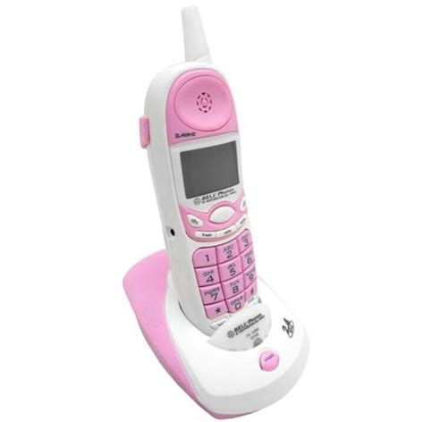 a pink and white cell phone sitting on top of a stand