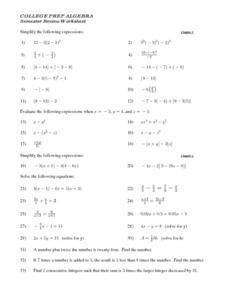 College Prep Algebra Semester Review Worksheet Lesson Plan for 8th - 11th Grade | Lesson Planet