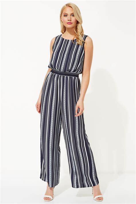 Stripe Elasticated Waist Jumpsuit in Blue - Roman Originals UK