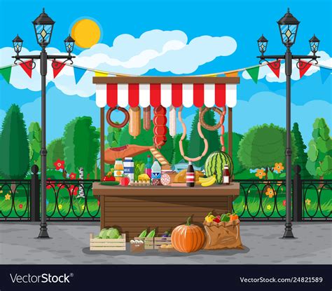 Traditional market wooden food stall full food Vector Image