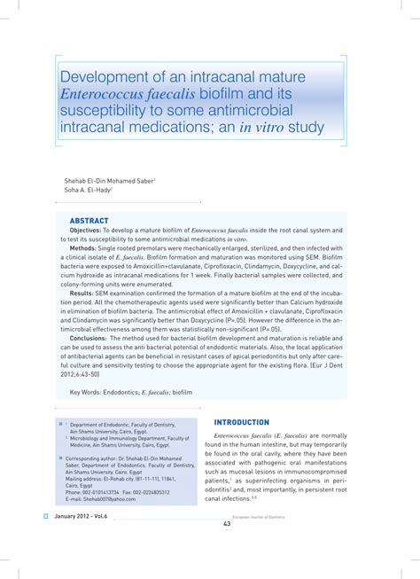 (PDF) Development of an intracanal mature Enterococcus faecalis biofilm ...