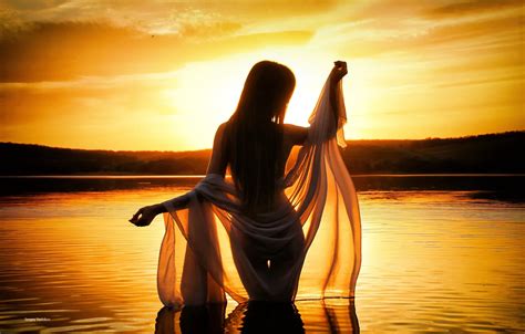 Wallpaper girl, sunset, pose, lake, mood, figure, silhouette, shawl ...