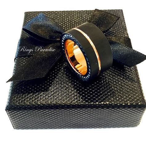 Mens Tungsten Ring, Black Rose Gold Tungsten, Mens Promise Ring, Unique Bands, Rose Gold Wedding ...