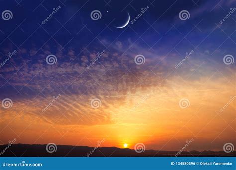 Ramadan Background . Sunset and New Moon . Prayer Time Stock Photo - Image of midnight, dawn ...