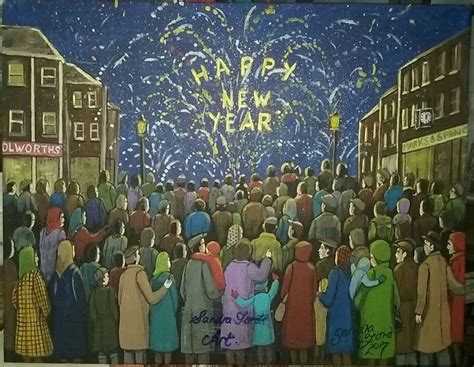 a painting of people standing in front of a fireworks display with the words happy new year ...