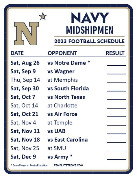 Printable 2023 Navy Midshipmen Football Schedule